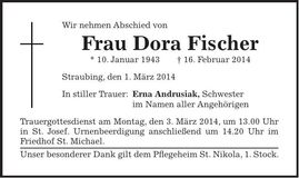 Traueranzeige Dora Fischer