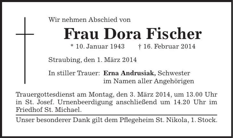 Traueranzeige Dora Fischer