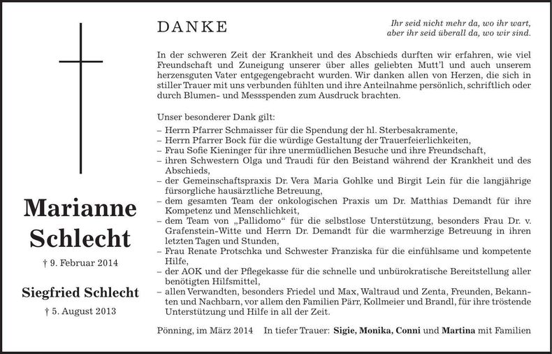 Traueranzeige Marianne Schlecht