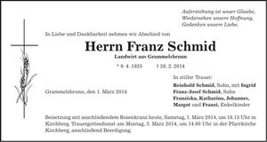 Traueranzeige Franz Schmid