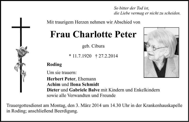 Traueranzeige Charlotte Peter