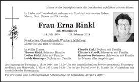Traueranzeige Erna Rinkl