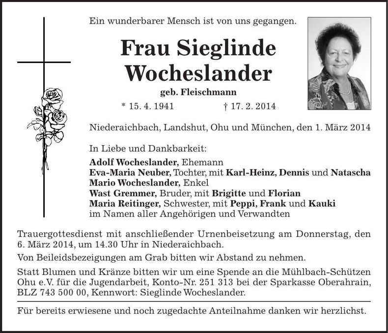 Traueranzeige Sieglinde Wocheslander
