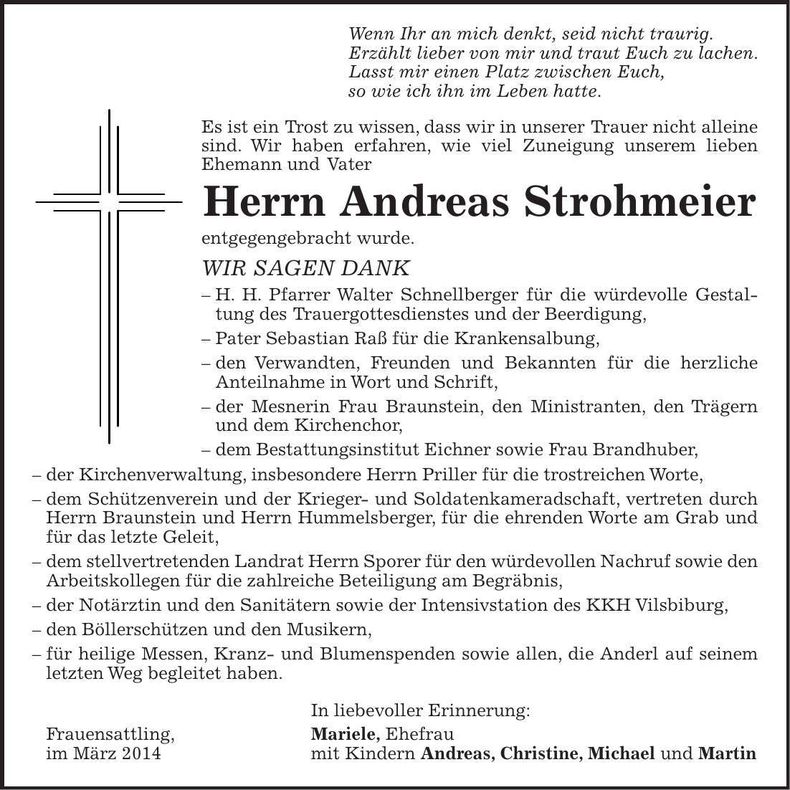 Traueranzeige Andreas Strohmeier