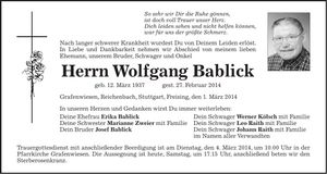 Traueranzeige Wolfgang Bablick