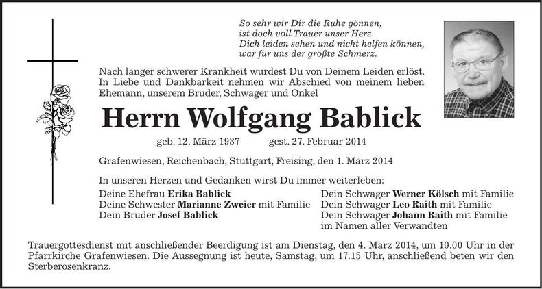 Traueranzeige Wolfgang Bablick