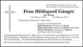 Traueranzeige Hildegard Gänger