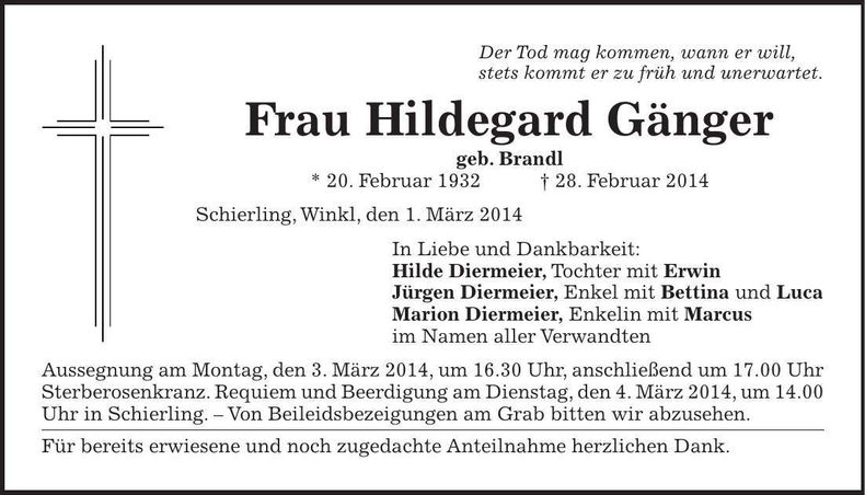 Traueranzeige Hildegard Gänger