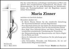 Traueranzeige Maria Zinner