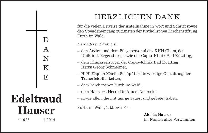 Traueranzeige Edeltraud Hauser