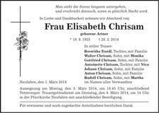 Traueranzeige Elisabeth Chrisam