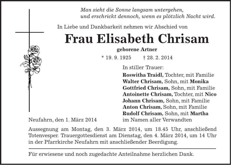 Traueranzeige Elisabeth Chrisam