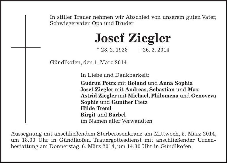 Traueranzeige Josef Ziegler