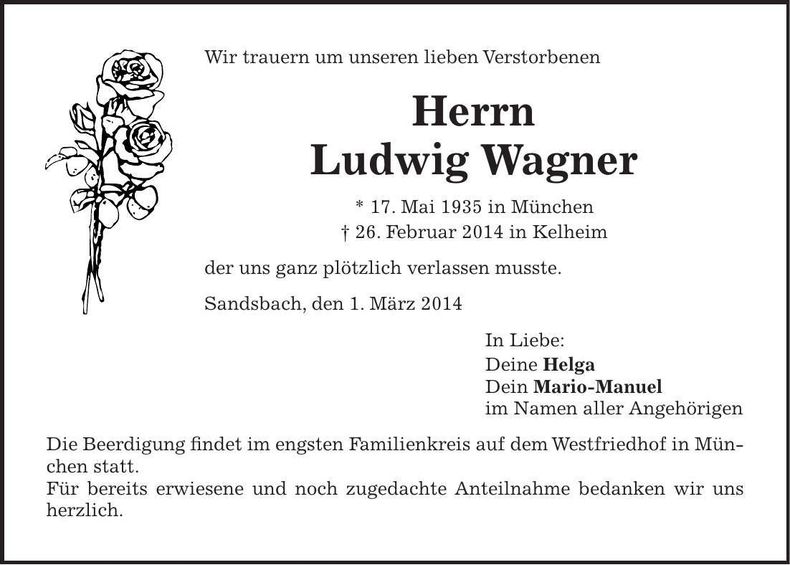 Traueranzeige Ludwig Wagner