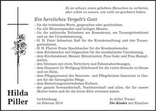 Traueranzeige Hilda Piller