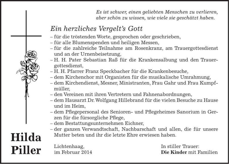 Traueranzeige Hilda Piller