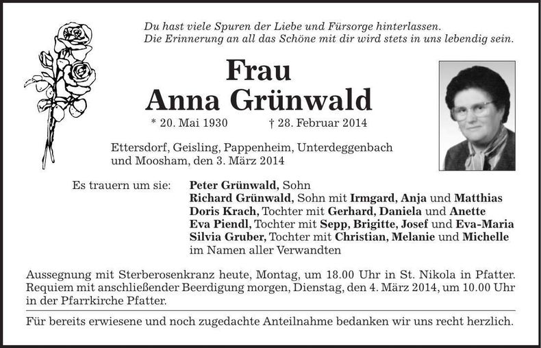 Traueranzeige Anna Grünwald