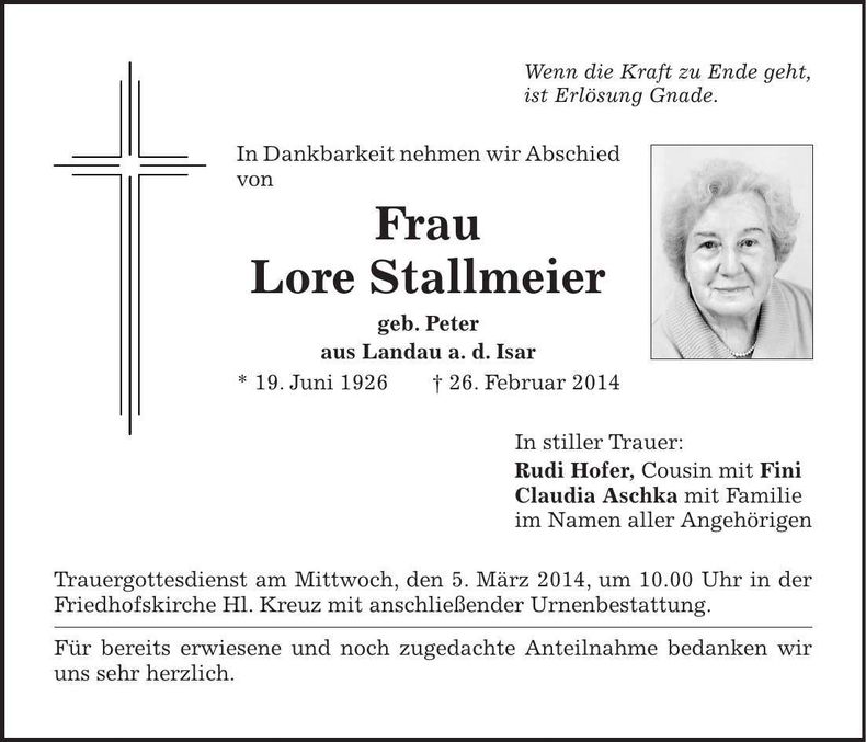 Traueranzeige Lore Stallmeier