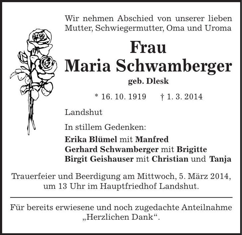 Traueranzeige Maria Schwamberger