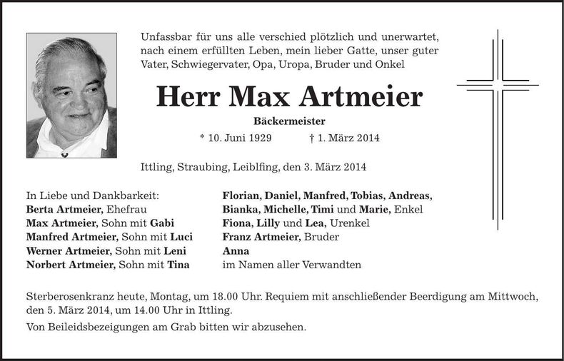 Traueranzeige Max Artmeier