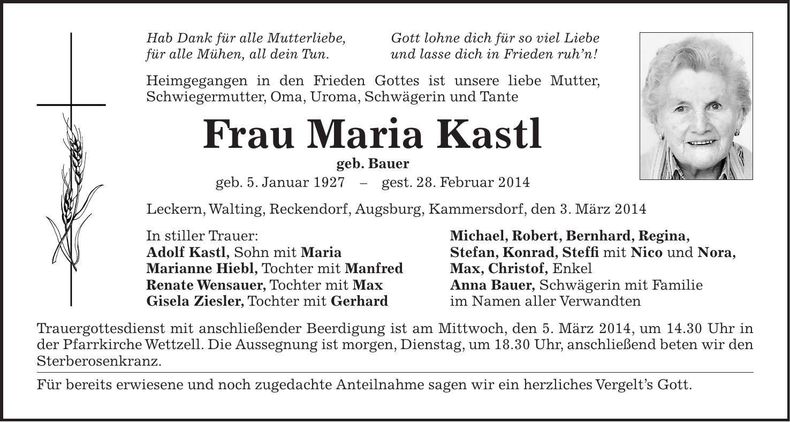 Traueranzeige Maria Kastl