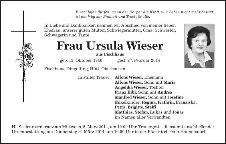 Traueranzeige Ursula Wieser