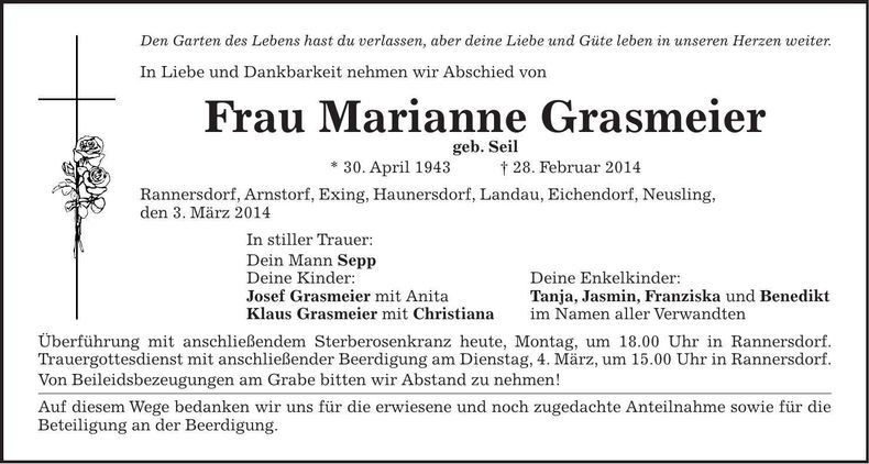 Traueranzeige Josef Grasmeier