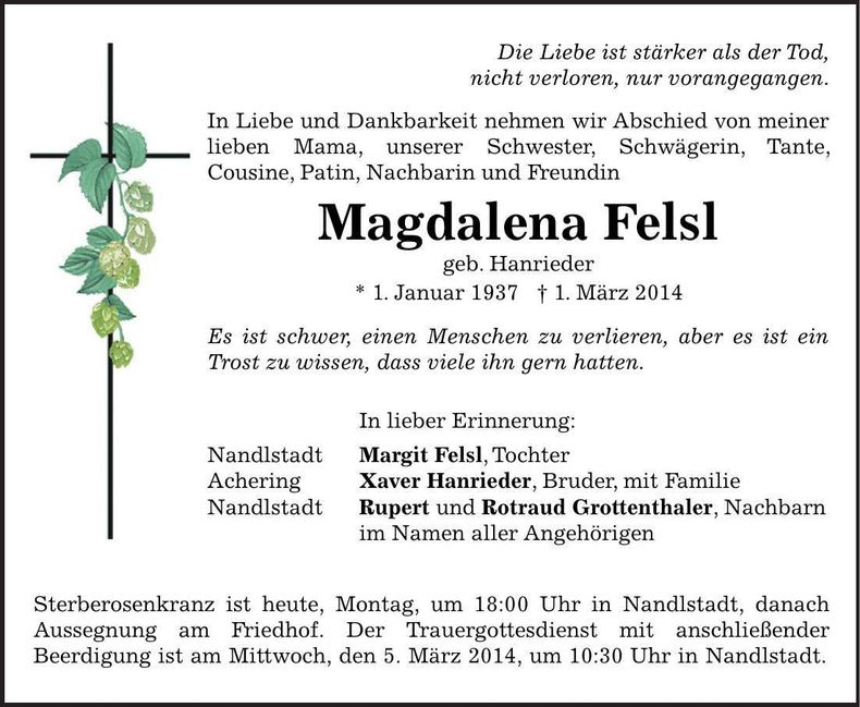Traueranzeige Magdalena Felsl