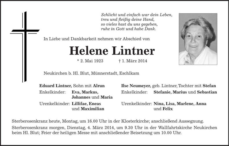 Traueranzeige Helene Lintner