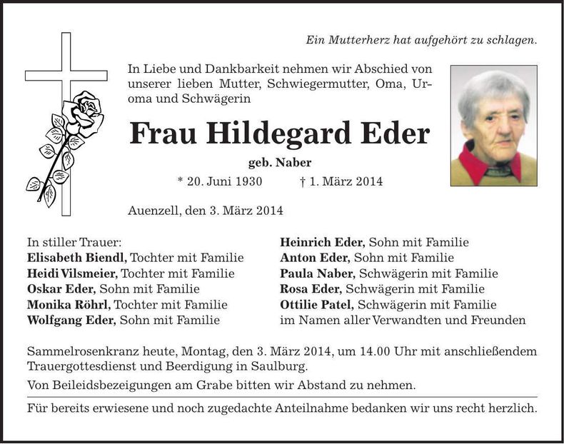 Traueranzeige Hildegard Eder