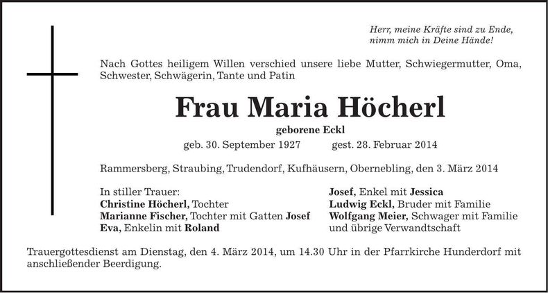 Traueranzeige Maria Höcherl