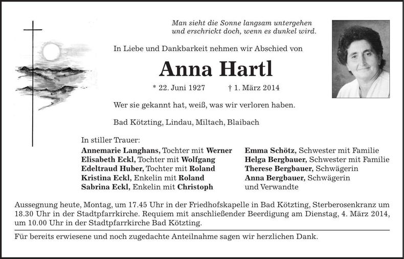 Traueranzeige Anna Hartl