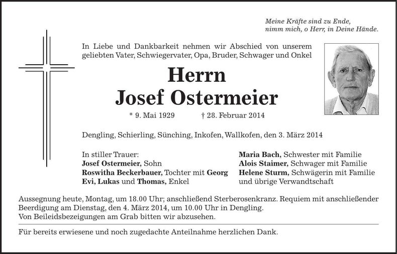Traueranzeige Josef Ostermeier