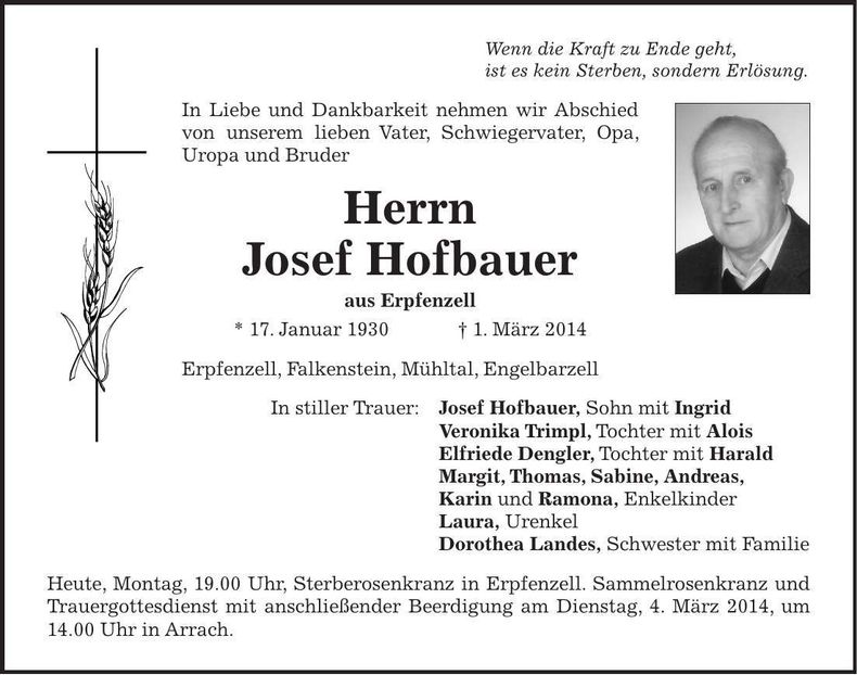 Traueranzeige Josef Hofbauer