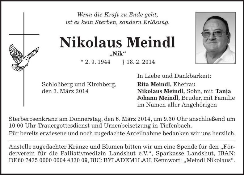 Traueranzeige Nikolaus Meindl