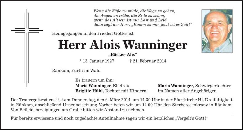 Traueranzeige Alois Wanninger