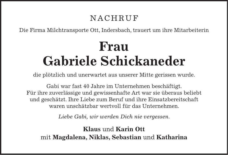 Traueranzeige Gabriele Schickaneder