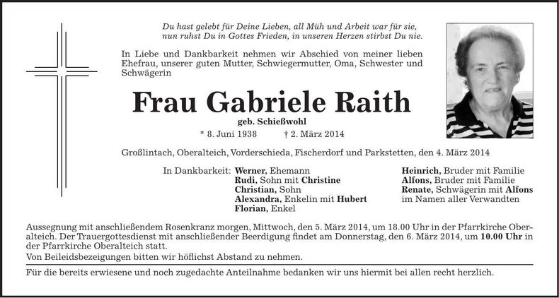 Traueranzeige Gabriele Raith