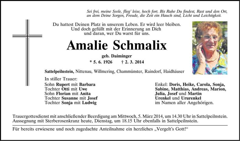 Traueranzeige Amalie Schmalix