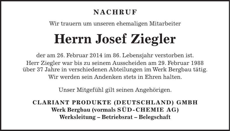Traueranzeige Josef Ziegler