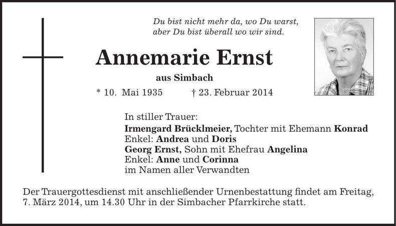 Traueranzeige Annemarie Ernst
