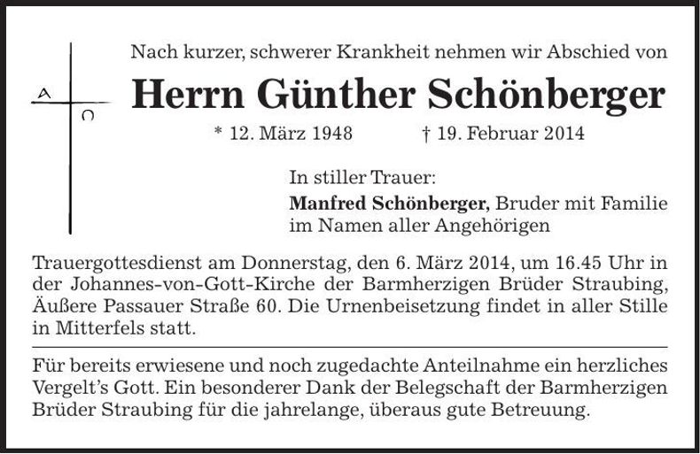Traueranzeige Günther Schönberger