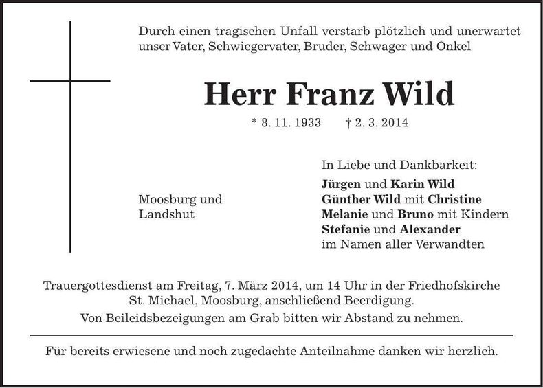 Traueranzeige Franz Wild