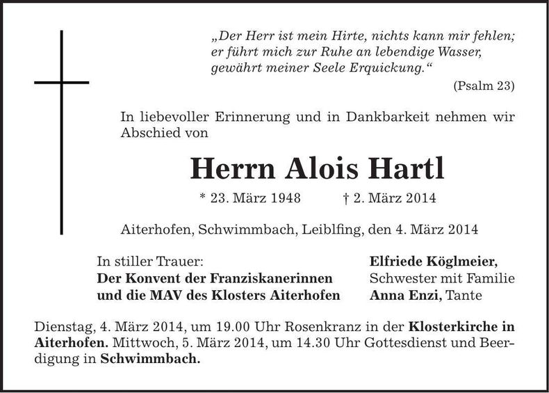 Traueranzeige Alois Hartl