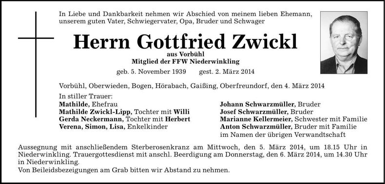 Traueranzeige Gottfried Zwickl