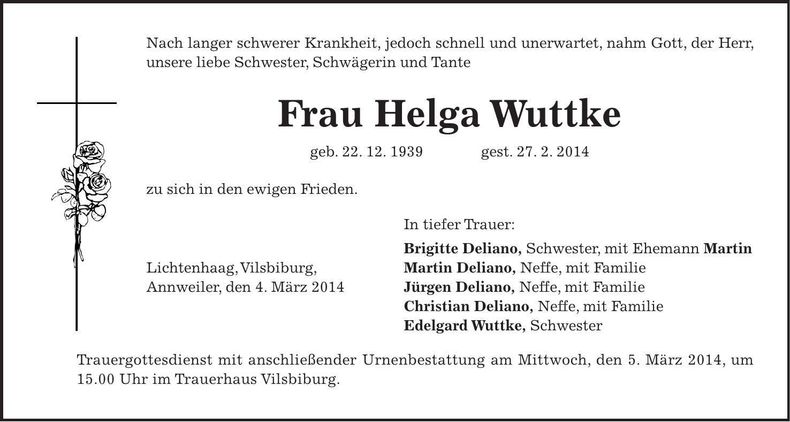 Traueranzeige Helga Wuttke