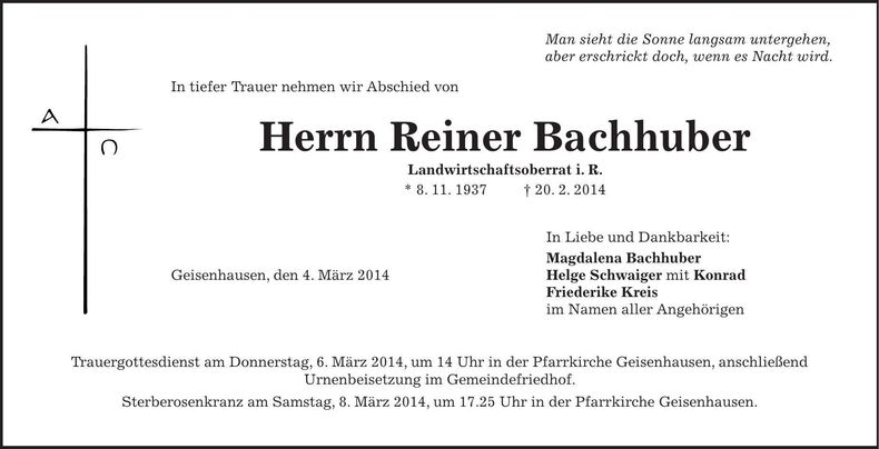 Traueranzeige Reiner Bachhuber