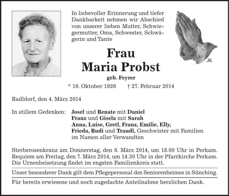 Traueranzeige Maria Probst
