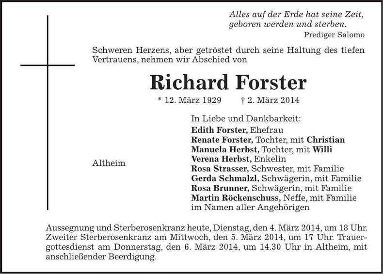 Traueranzeige Richard Forster