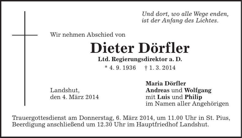 Traueranzeige Dieter Dörfler